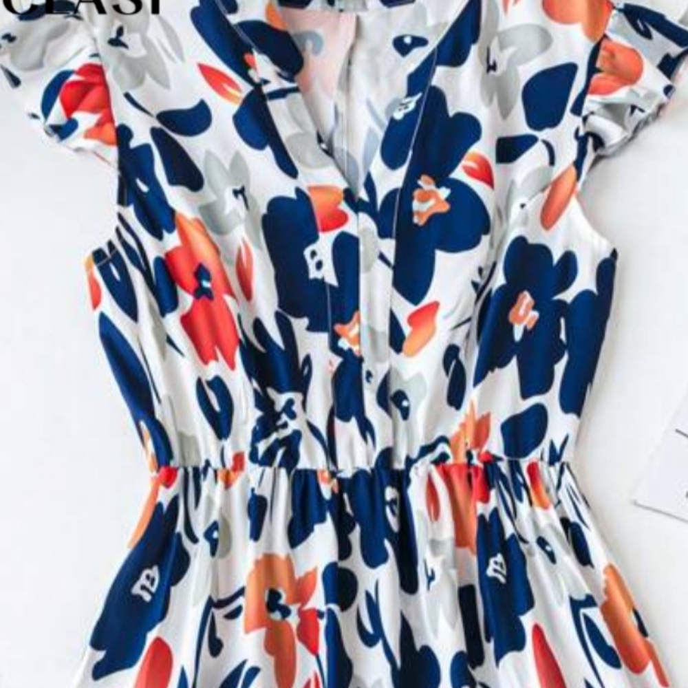 NWOT SHEIN Floral Print Midi Dress - Blue and Orange - Picture 3 of 4